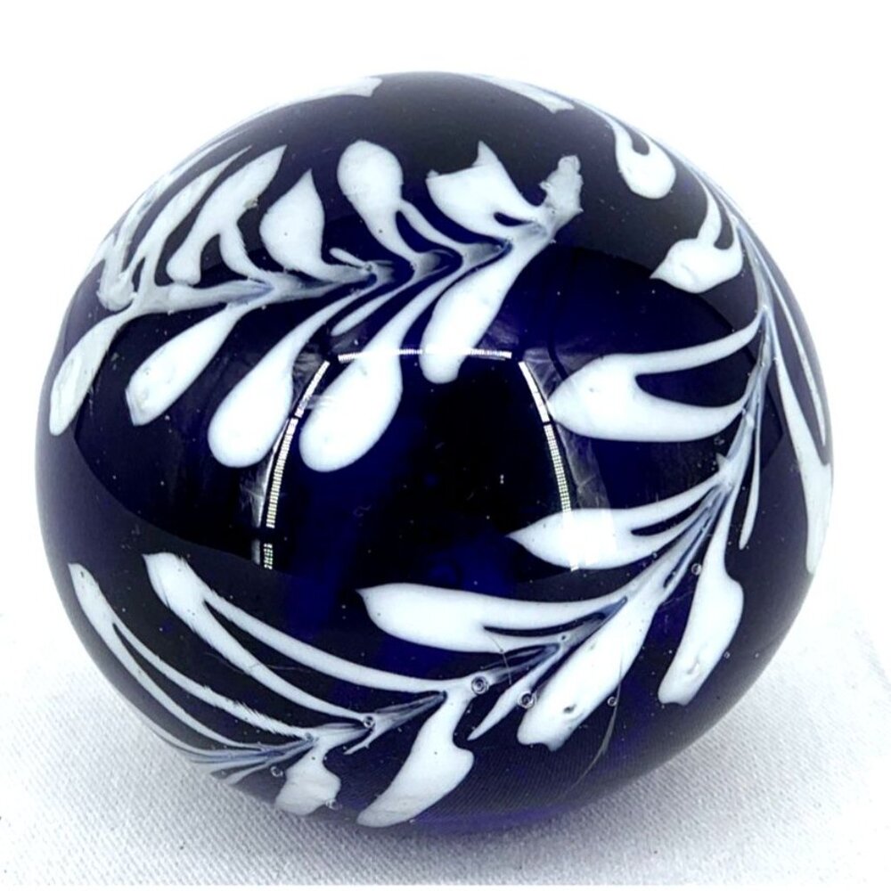 Colbalt Blue and White Swirl Paperweight Art Glass Pulled Feather 4"